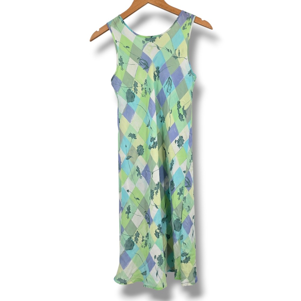 Sigrid Olsen Sport Womens Green Blue‎ Harlequin Floral Rayon Midi Dress 90s